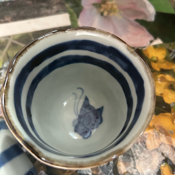 Vintage Japanese Yunomi Tea Cups Pair Stoneware Striped 3" Handmade Pottery - Picture 2 of 16